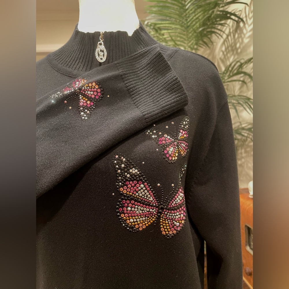 CHRISTINE ALEXANDER L Black Rhinestone Butterfly Mock Neck Zip Pullover Y2K Glam